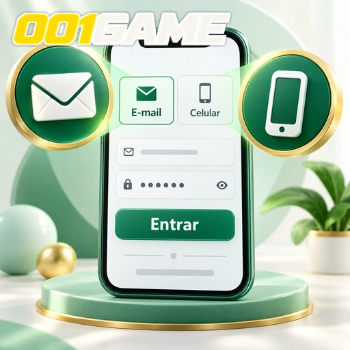 001GAME — ilustração de login no celular com opções de e-mail e número de telefone